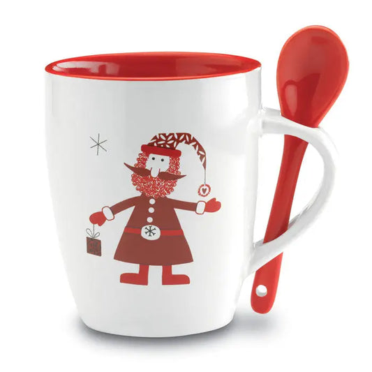Cană ceramică albă cu capacitate de 250ml, interior roșu, cu design cu moș crăciun și lingură roșie compatibilă
