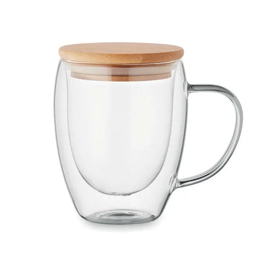 Cana cu perete dublu 250 ml din sticla transparenta cu capac din bambus si maner curbat