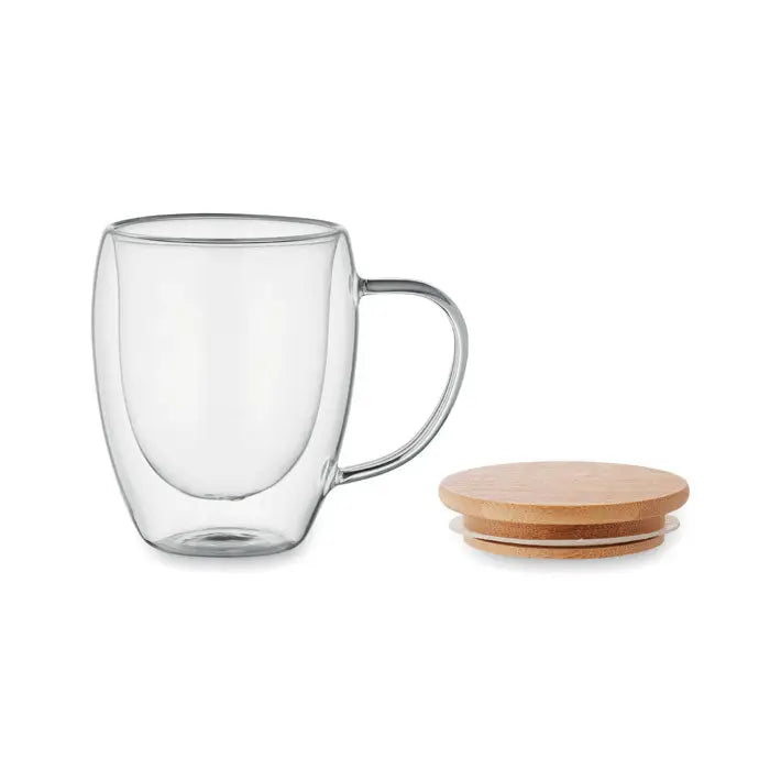 Cana cu perete dublu 250 ml din sticla transparenta cu maner argintiu si capac din lemn natural