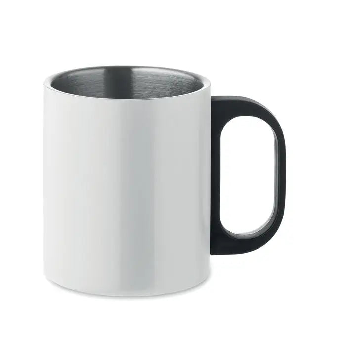 Cana cu perete dublu 300 ml din ceramica alba cu maner negru si interior metalic pentru bauturi fierbinti