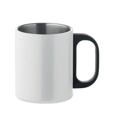 Cana cu perete dublu 300 ml din ceramica alba cu maner negru si interior metalic pentru bauturi fierbinti