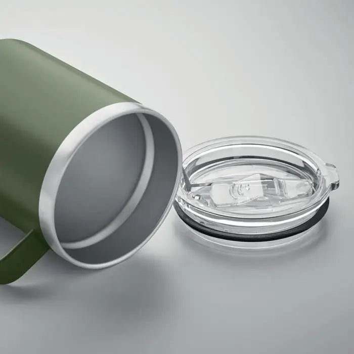 Cană cu perete dublu 300 ml izolată olive green cu margine argintie și capac transparent cu pai integrat