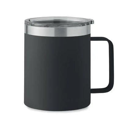 Cană cu perete dublu 300 ml neagră, termos de călătorie izolat cu margine din oțel inoxidabil și capac transparent