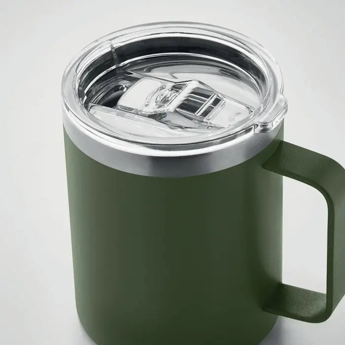 Olive green insulated travel mug cana cu perete dublu 300 ml with clear lid and silver rim for hot and cold drinks