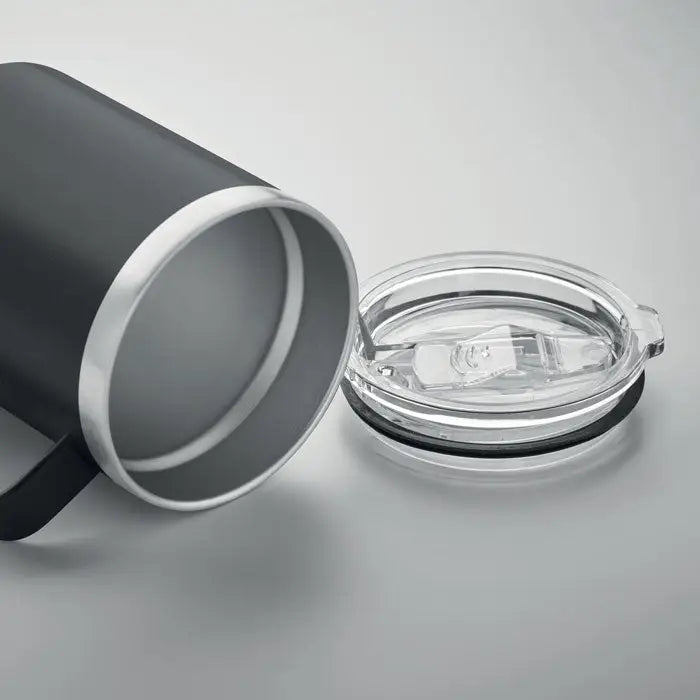 Cană cu perete dublu 300 ml neagră mată din oțel inoxidabil cu mâner și capac transparent cu pai integrat