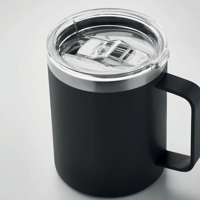 Black insulated travel mug cana cu perete dublu 300 ml with clear lid silver rim and sturdy handle