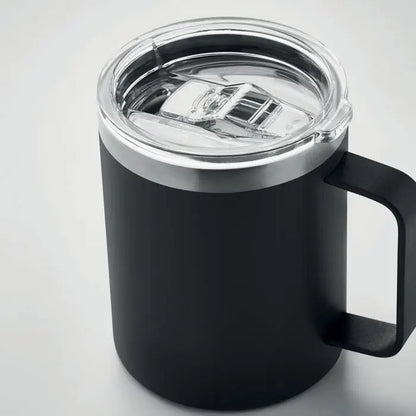Black insulated travel mug cana cu perete dublu 300 ml with clear lid silver rim and sturdy handle