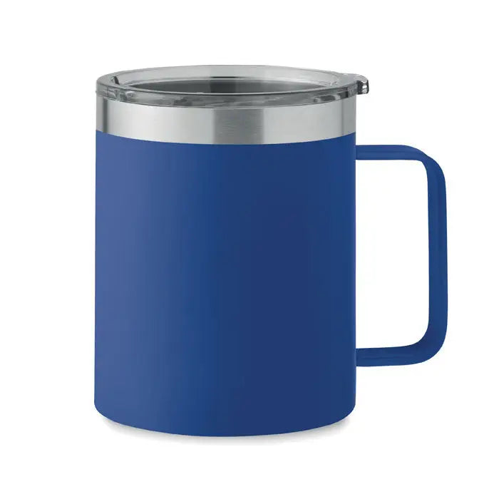 Cana cu perete dublu 300 ml albastra cu capac si maner din otel inoxidabil pentru calatorii