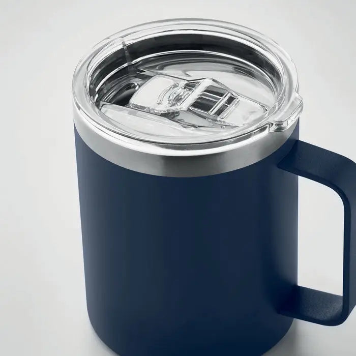 Cană cu perete dublu 300 ml albastru închis izolat cu capac transparent și margine argintie pentru călătorii
