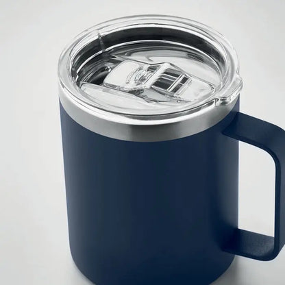 Cană cu perete dublu 300 ml albastru închis izolat cu capac transparent și margine argintie pentru călătorii
