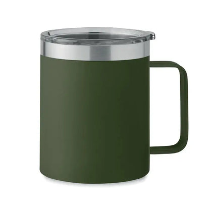 Cană cu perete dublu olive green, 300 ml, termos de călătorie cu capac transparent și margine argintie