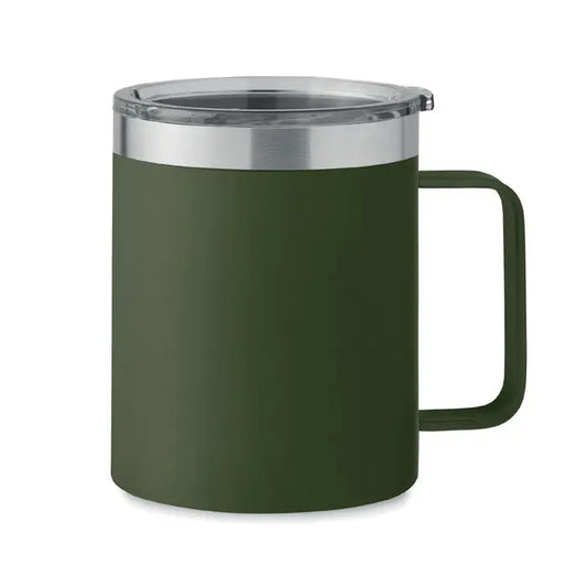 Cană cu perete dublu olive green, 300 ml, termos de călătorie cu capac transparent și margine argintie