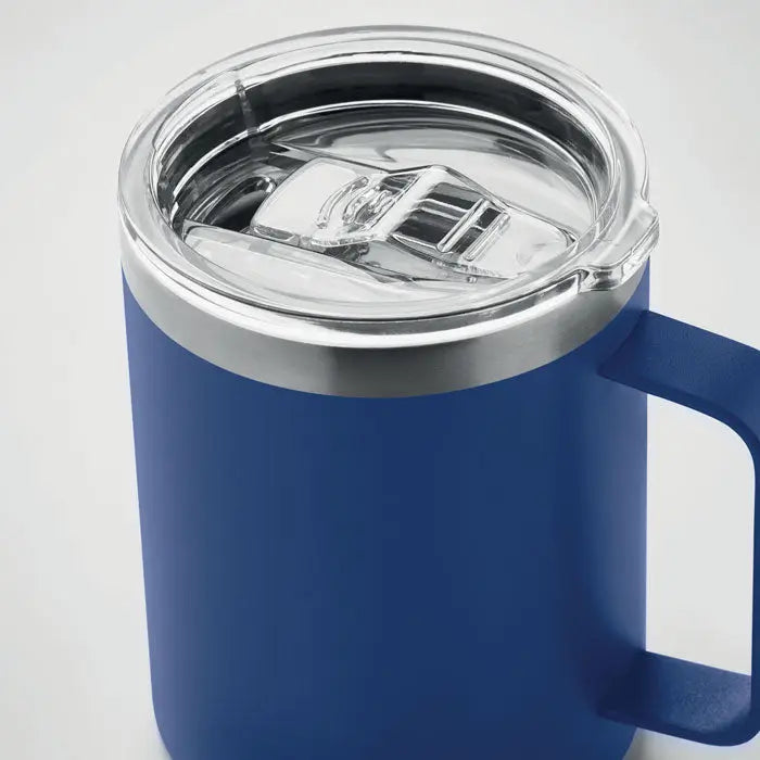 Cană cu perete dublu albastră de 300 ml, termos izolator cu capac transparent și margine argintie pentru călătorii