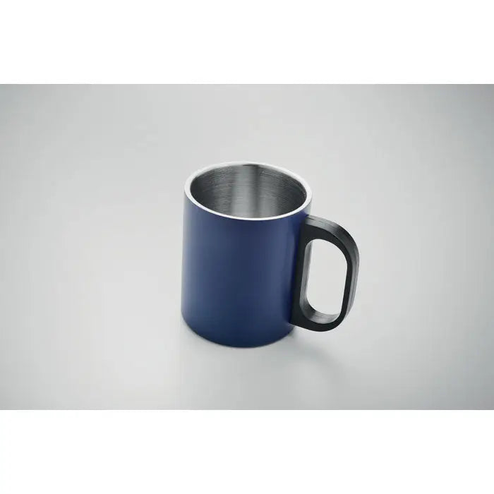 Cană cu perete dublu 300 ml albastră, cu mâner negru și interior din oțel inoxidabil izolată termic