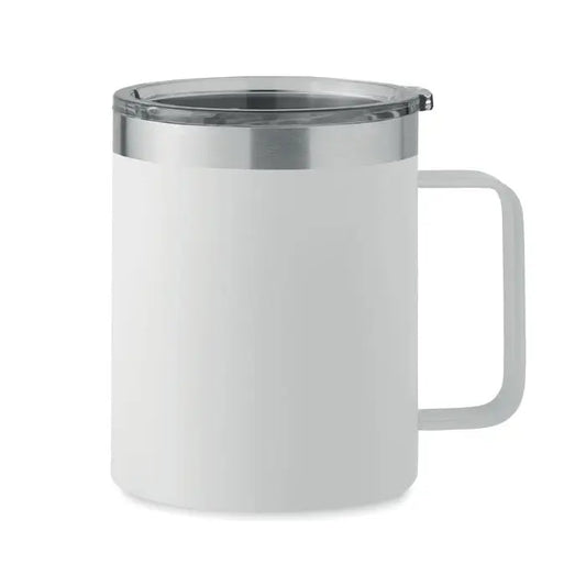 Cana cu perete dublu 300 ml alb cu capac si maner argintiu izolata termic din otel inoxidabil