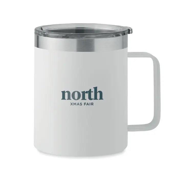 Cană cu perete dublu 300 ml, termos alb cu margine și mâner argintiu, logo north xmas fair culoare teal închis