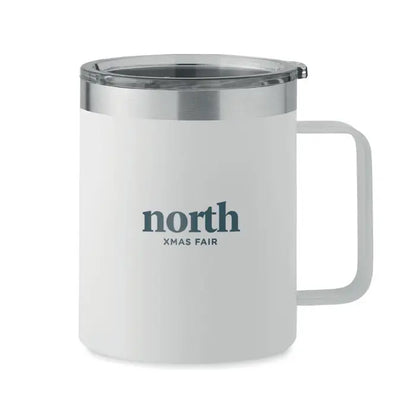 Cană cu perete dublu 300 ml, termos alb cu margine și mâner argintiu, logo north xmas fair culoare teal închis