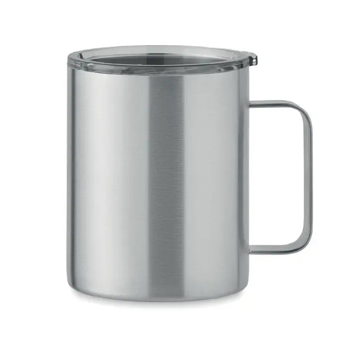 Cana cu perete dublu 300 ml din inox cu finisaj periat si capac transparent pentru bauturi calde sau reci