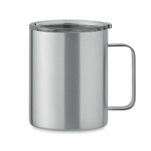 Cana cu perete dublu 300 ml din inox cu finisaj periat si capac transparent pentru bauturi calde sau reci