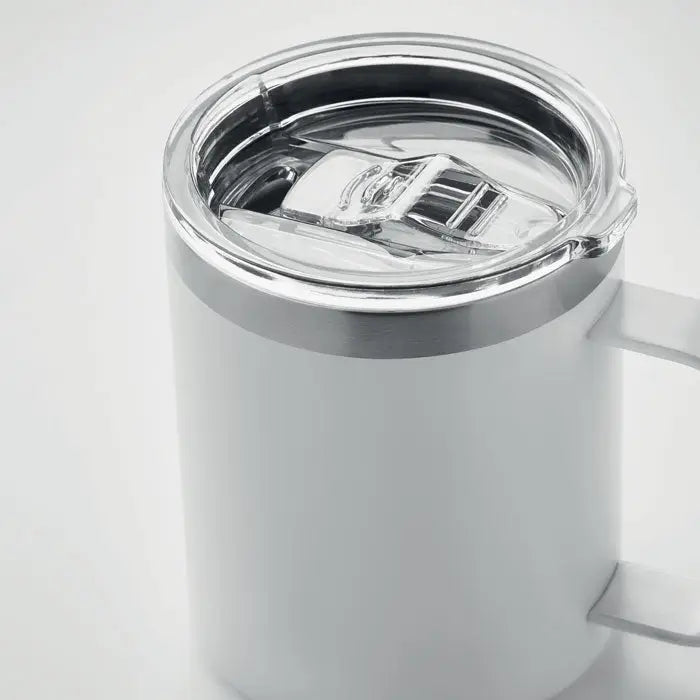Cana cu perete dublu 300 ml din oțel inoxidabil alb, cu capac transparent și margine argintie