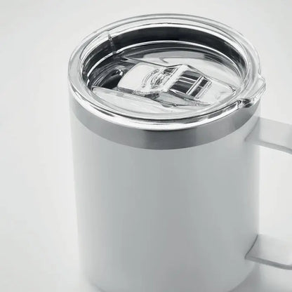 Cana cu perete dublu 300 ml din oțel inoxidabil alb, cu capac transparent și margine argintie