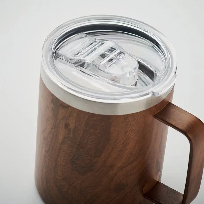 Cana cu perete dublu 300 ml de culoare maro cu textură lemnoasă, capac transparent și margine argintie, recipiente termoizolant