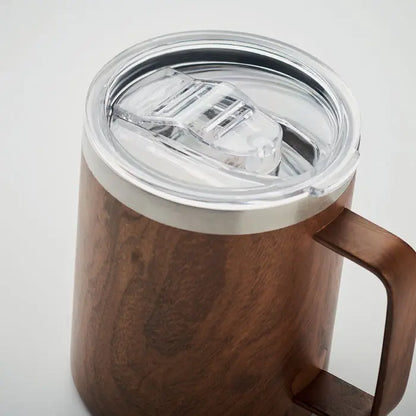 Cana cu perete dublu 300 ml de culoare maro cu textură lemnoasă, capac transparent și margine argintie, recipiente termoizolant