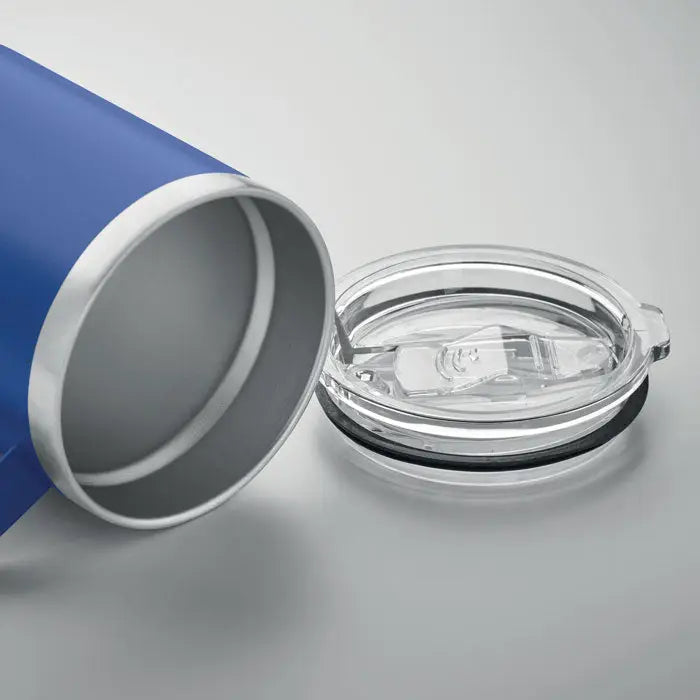 Cană cu perete dublu 300 ml albastră, din material izolat, cu capac transparent și sistem de etanșare negru