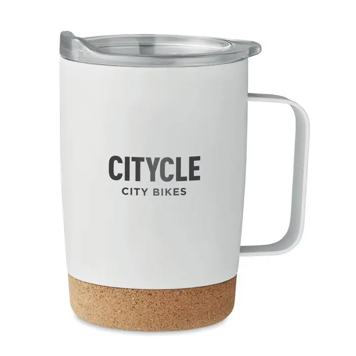 Cană cu perete dublu 300ml albă cu capac gri mâner alb bază de plută termos travel mug citycle city bikes