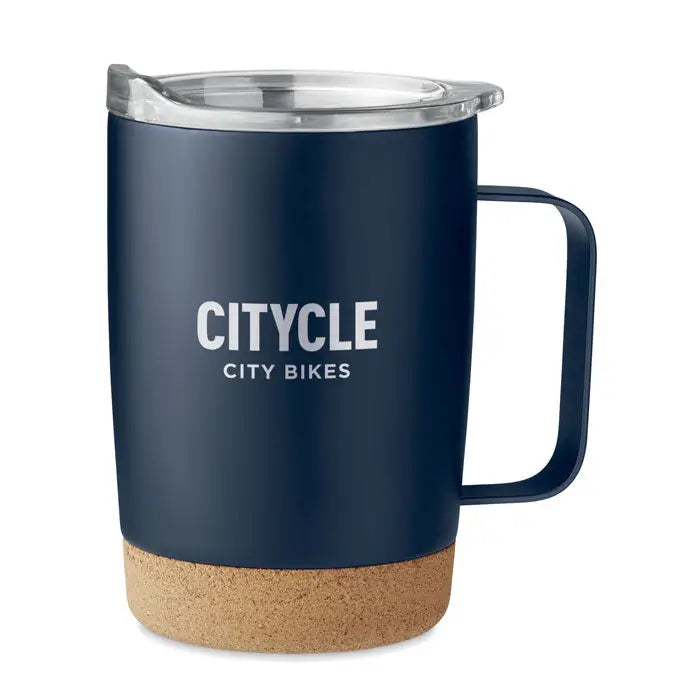 Navy blue travel mug rezistent la temperatura cu capac transparent si baza de plută cu logo citycle city bikes