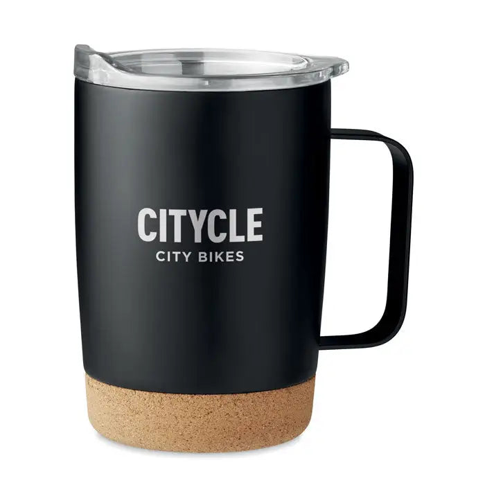 Black insulated travel mug with clear lid cork base and citycle city bikes logo in white 300ml cana cu perete dublu