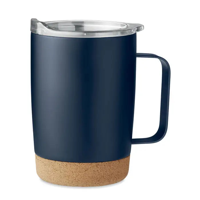 Cană cu perete dublu navy blue, termos călătorie izolat, capac transparent și bază de plută, 300ml