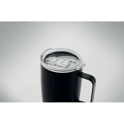 Cana cu perete dublu 300ml din otel negru cu capac din plastic transparent si maner pentru calatorii