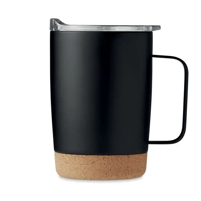 Cana cu perete dublu 300ml neagra, cu finisaj mat, capac transparent si baza din pluta izolata