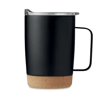 Cana cu perete dublu 300ml neagra, cu finisaj mat, capac transparent si baza din pluta izolata