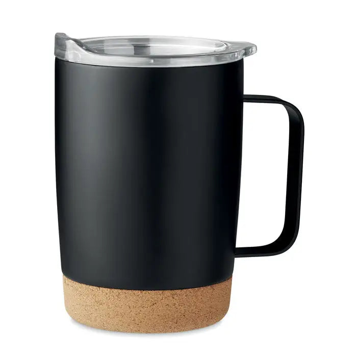 Cana cu perete dublu 300ml neagra izolata cu capac transparent si baza de pluta pentru bauturi calde si reci