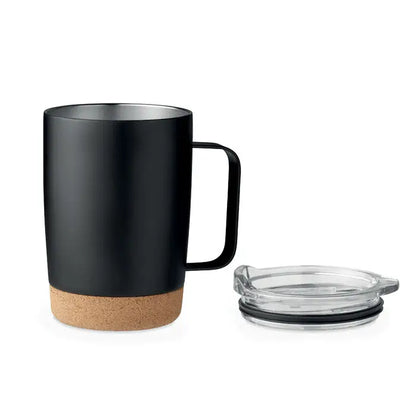 Cana cu perete dublu 300ml neagra cu baza de pluta, interior inox si capac transparent