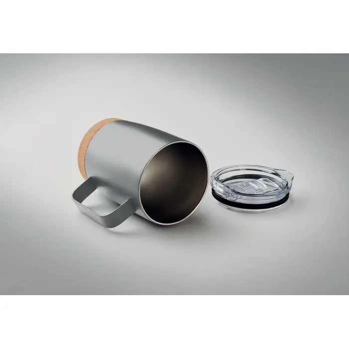 Cana cu perete dublu 300ml din inox argintiu cu izolație și capac transparent cu margine căptușită cu plută