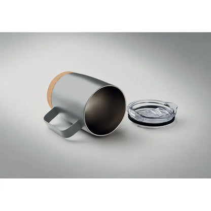 Cana cu perete dublu 300ml din inox argintiu cu izolație și capac transparent cu margine căptușită cu plută