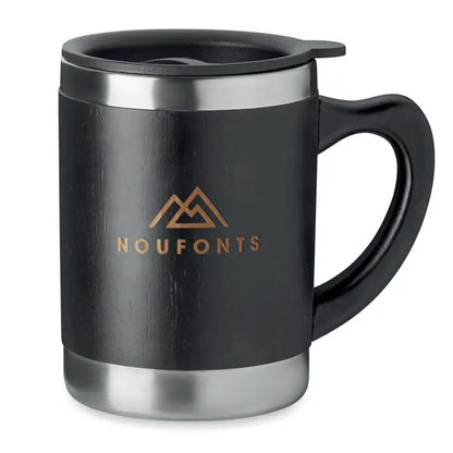 Cana cu perete dublu 300ml neagra izolata cu rim si baza din inox si logo munte auriu noufonts