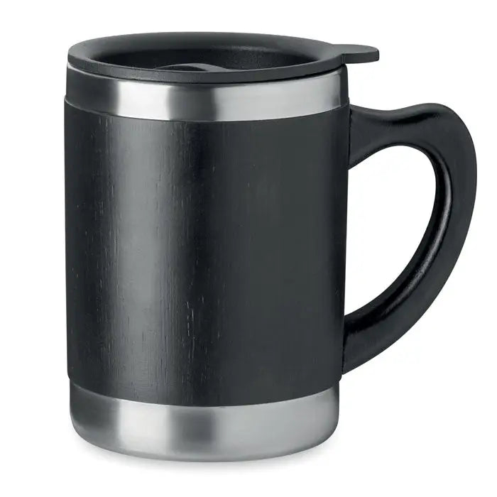 Cana cu perete dublu 300ml, termos negru cu margine si baza din inox periat, capac flip-top negru