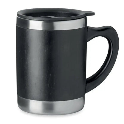 Cana cu perete dublu 300ml, termos negru cu margine si baza din inox periat, capac flip-top negru