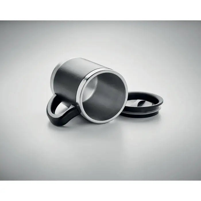 Cană cu perete dublu 300ml din inox argintiu cu mâner și capac negru design modern și elegant pentru călătorii
