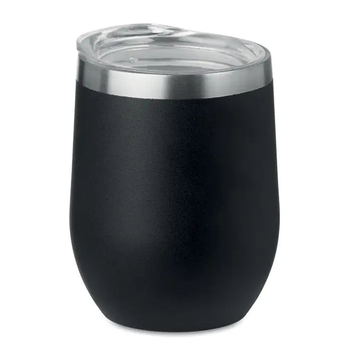 Cana cu perete dublu 300ml neagra mata izolata cu capac transparent si margine argintie