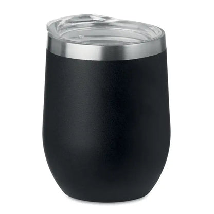 Cana cu perete dublu 300ml neagra mata izolata cu capac transparent si margine argintie