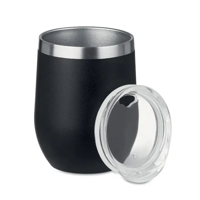 Cană cu perete dublu 300ml neagră din inox izolată cu margine argintie și capac transparent