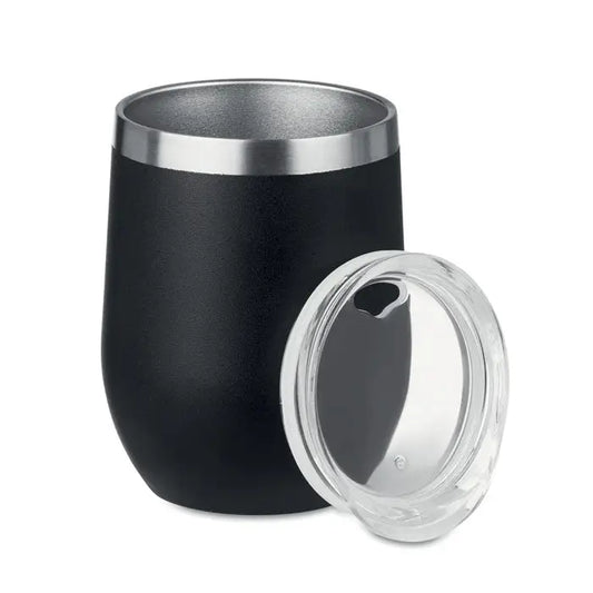Cană cu perete dublu 300ml neagră din inox izolată cu margine argintie și capac transparent