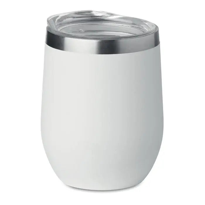 Cana cu perete dublu 300ml alb mat din inox cu capac transparent si margine argintie pentru bauturi calde si reci
