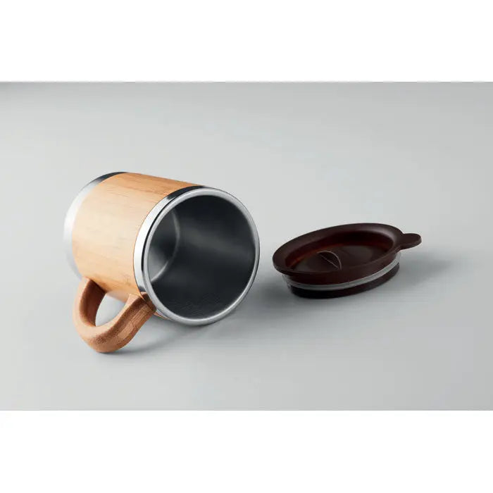 Cană cu perete dublu 300ml din bambus și inox cu capac maro închis pentru băuturi călătorii elegante