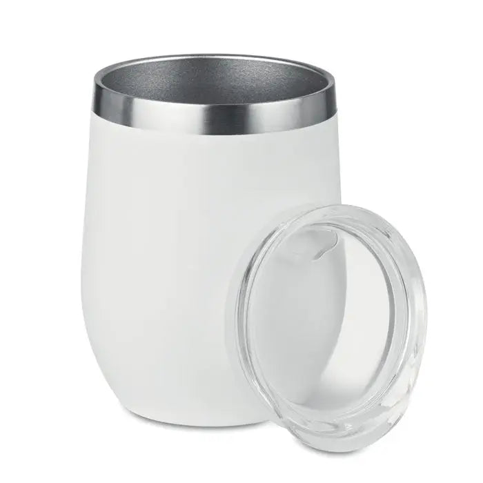 Cană cu perete dublu albă izolată cu margine argintie și capac transparent de 300ml